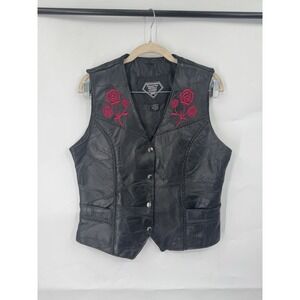 VTG Diamond Plate Buffalo Leather Patchwork Vest M Black Western Moto Embroider